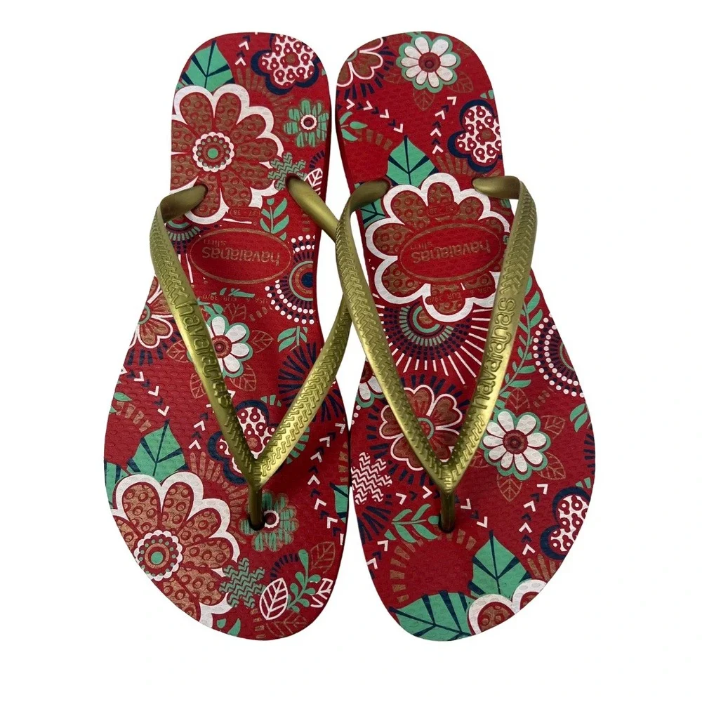 Havaianas Slim Flip Flops Women's US 6 EU 39/40 Red Floral‎ Gold Straps